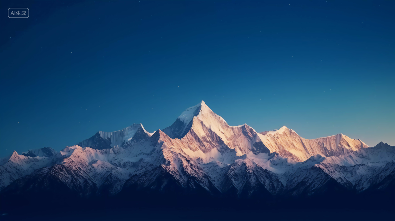 日照金山夜晚蓝天背景下的雪山山天空雪景景观自然风景美丽的大自然旅游宣传壁纸电脑壁纸