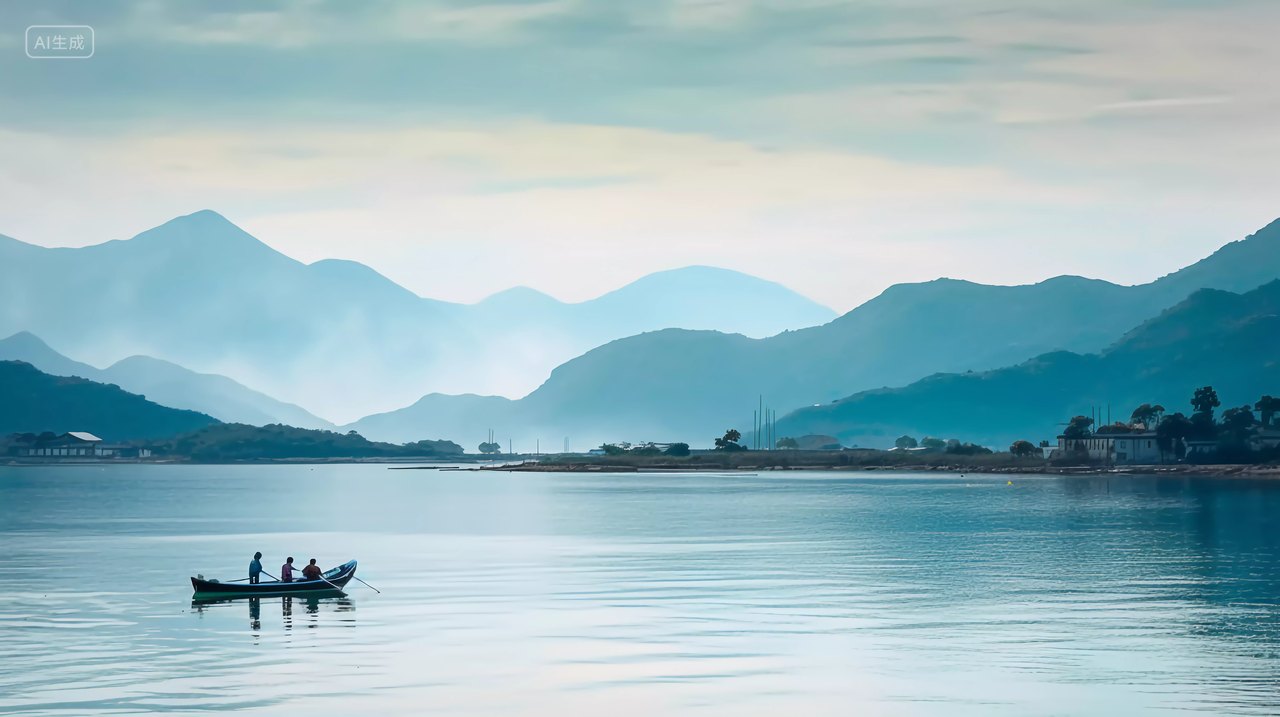 湖面上渔船渔民远景渔船渔民渔夫山水画意境自然景色山湖风景旅游宣传壁纸电脑壁纸