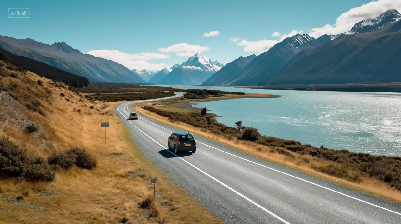 海边公路上行驶的汽车