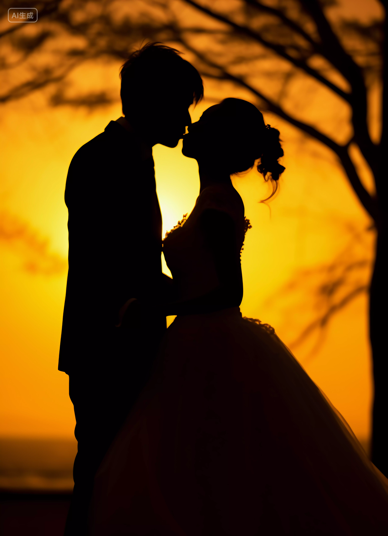 西式婚礼新郎新娘幸福亲吻的剪影浪漫氛围灯光