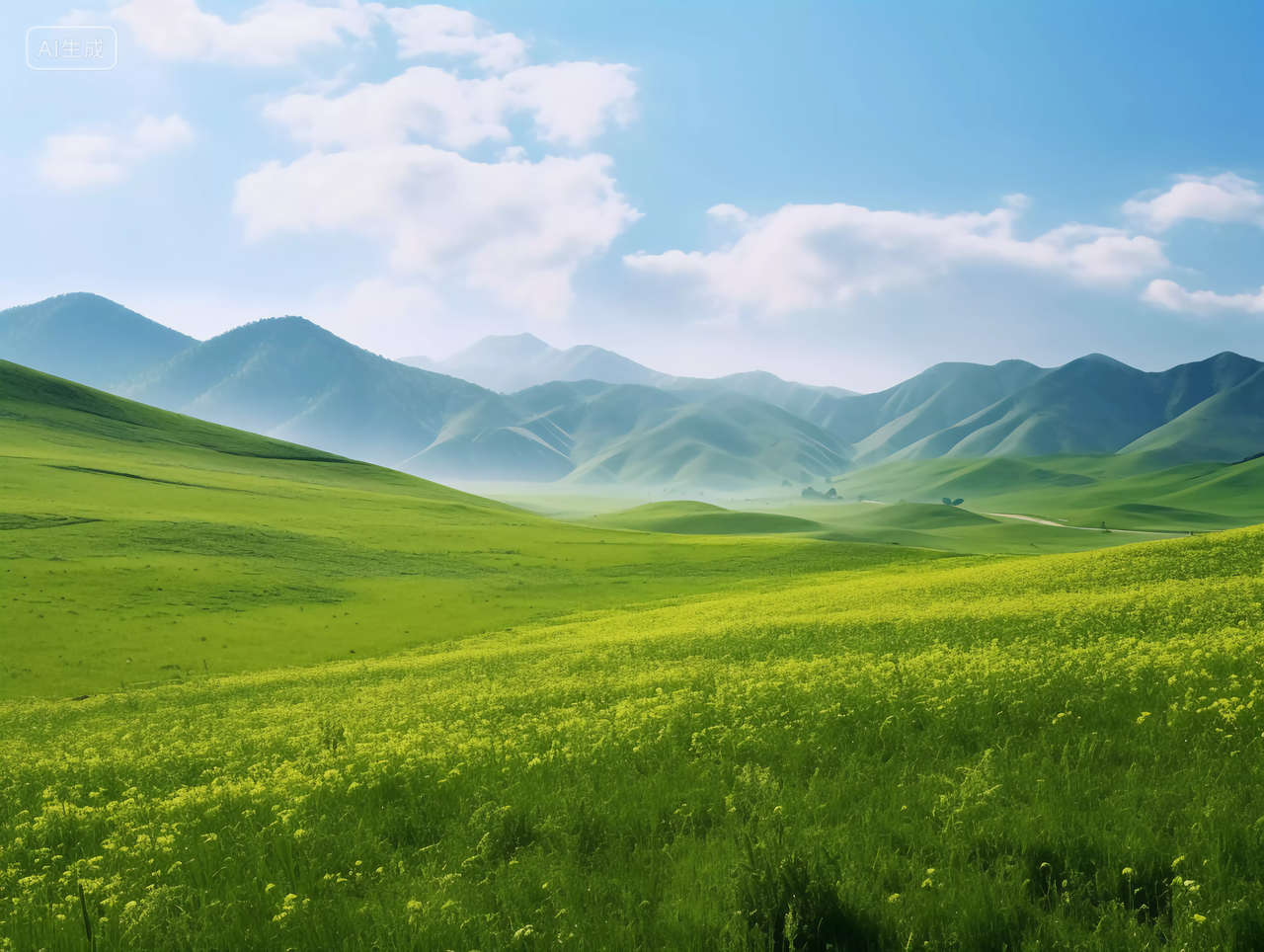 绿色草地山春天清新风景美丽的大自然小野花青草植物