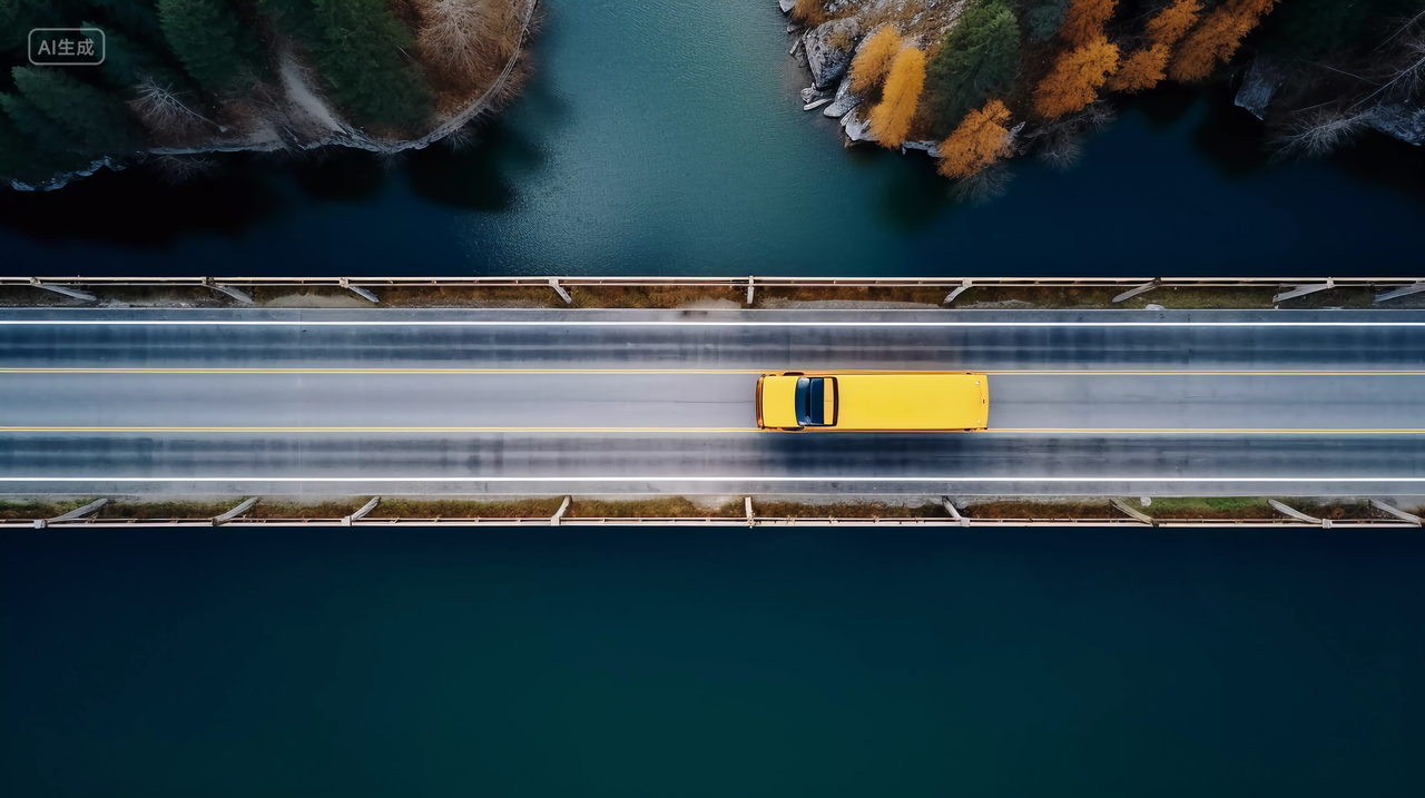 海边笔直公路上行驶的汽车俯视图