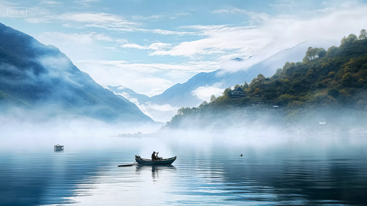 湖面上渔船渔民远景渔船渔民渔夫山水画意境自然景色山湖风景旅游宣传壁纸电脑壁纸