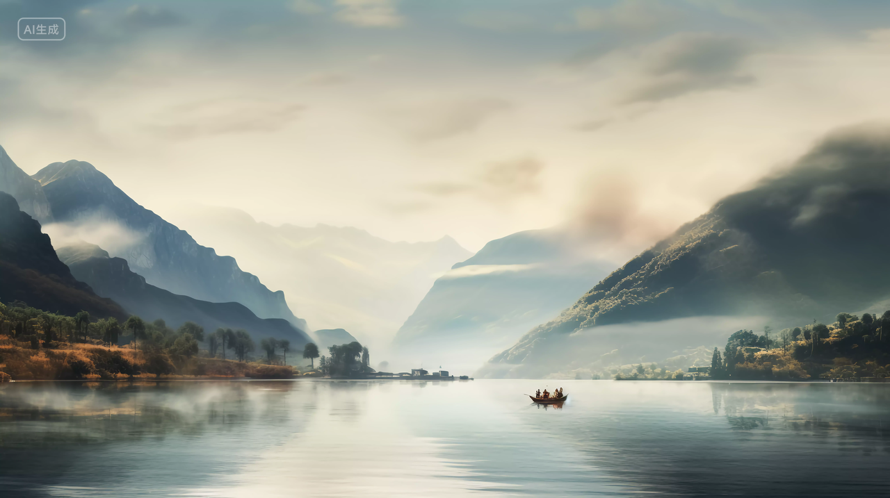 湖面上渔船渔民远景渔船渔民渔夫山水画意境自然景色山湖风景旅游宣传壁纸壁纸