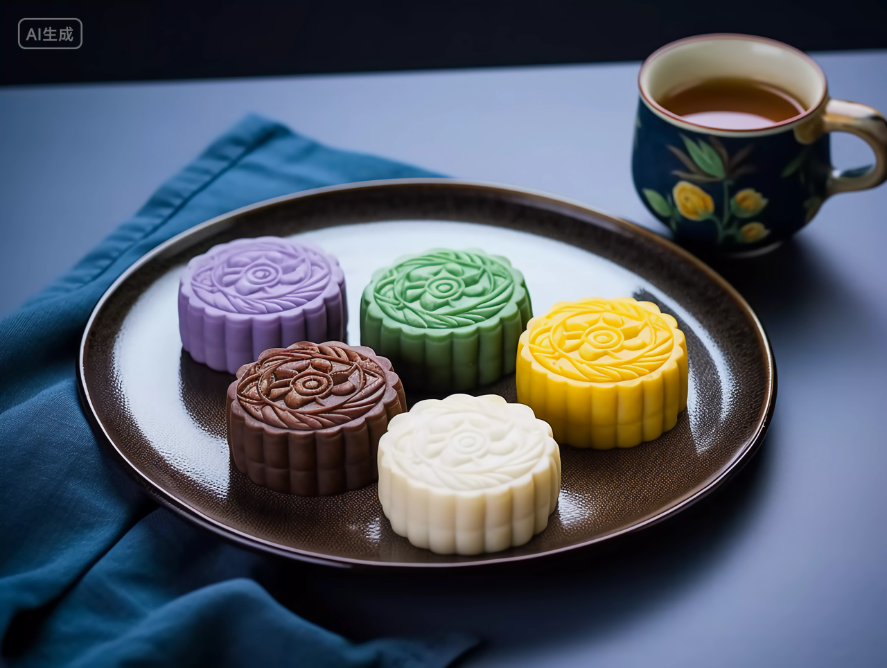 盘子里的彩色冰皮月饼五颜六色的月饼中秋圆月中国传统节日八月中秋节糕点配图美食