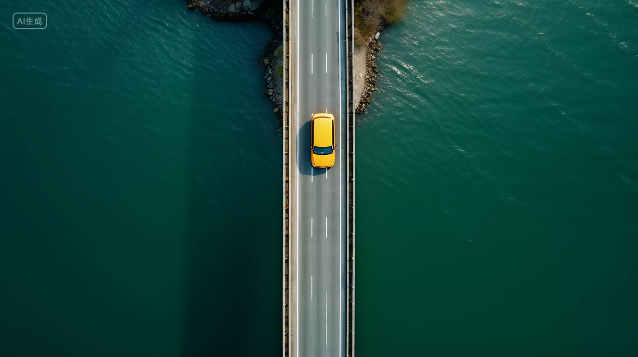 海边笔直公路上行驶的汽车俯视图