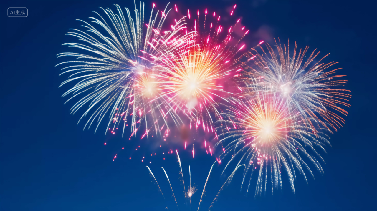 深蓝天空中绽放的烟花五颜六色的焰火绚丽光斑新年庆祝喜庆