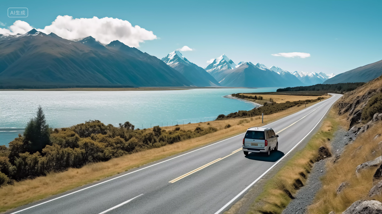 海边公路上行驶的汽车