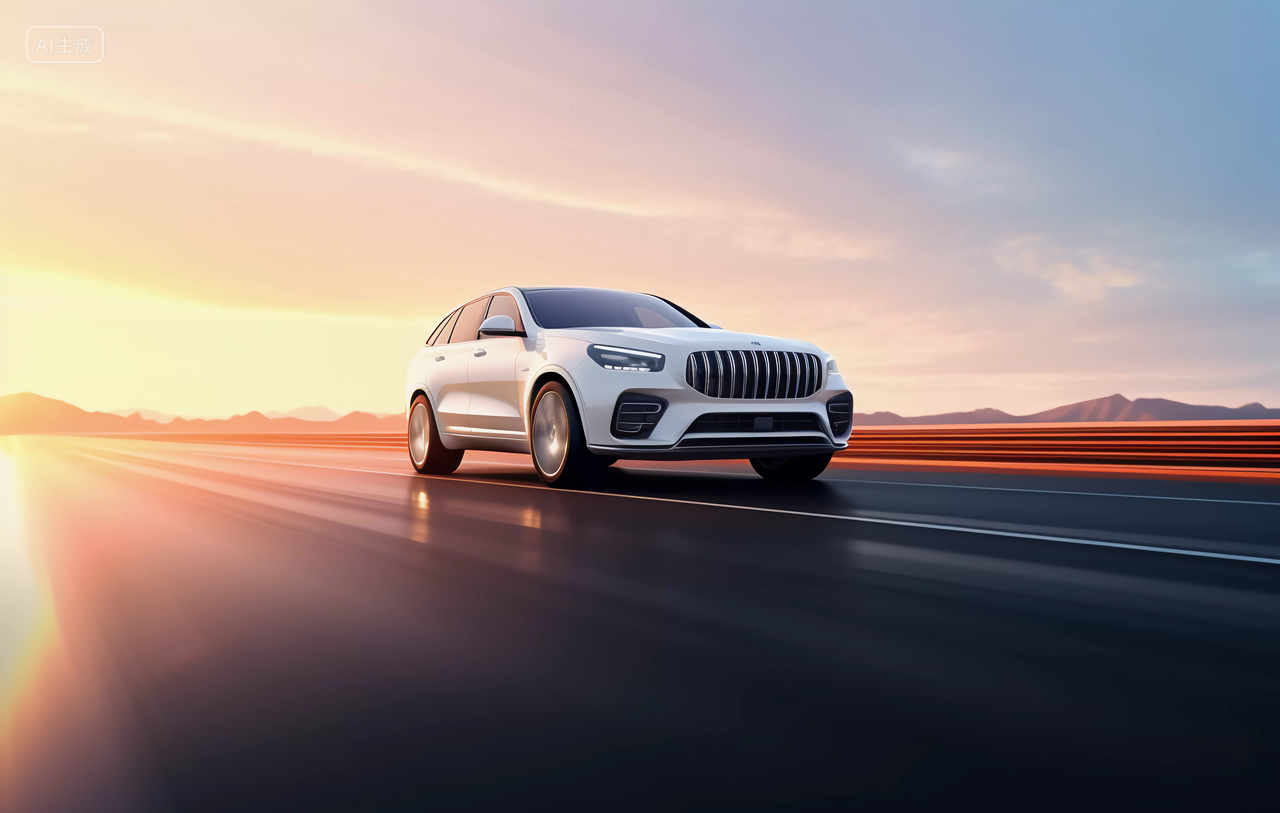 夕阳下的公路上行驶的汽车