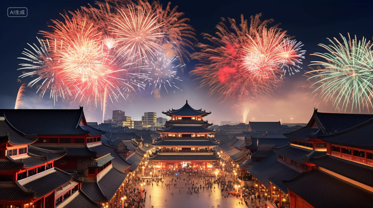 国庆节城市建筑上空绽放的绚丽烟花五颜六色焰火新年庆祝喜庆