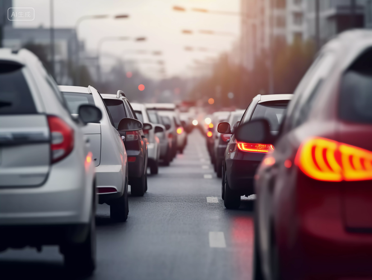 夕阳下城市街道繁忙的汽车交通驾驶场景