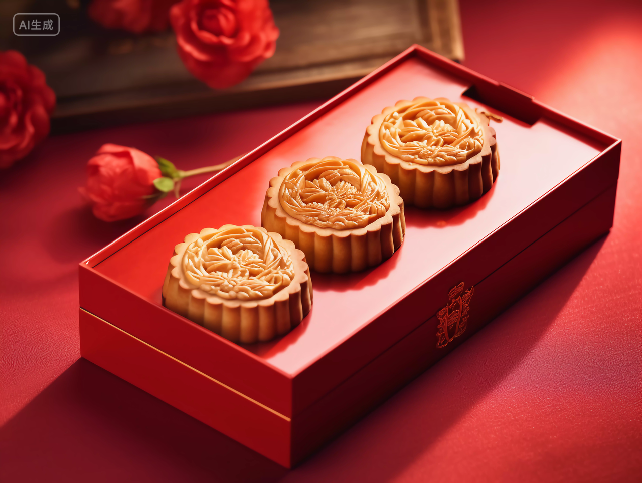 月饼礼盒装在红色礼盒里的月饼中国红中秋圆月中国传统节日八月中秋节糕点配图美食