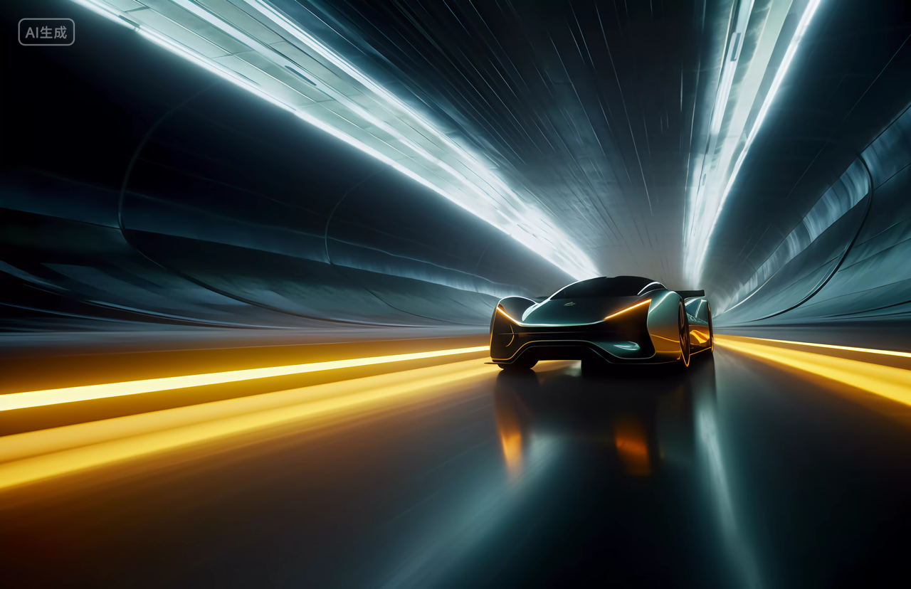 高速行驶的汽车跑车驾驶穿过隧道