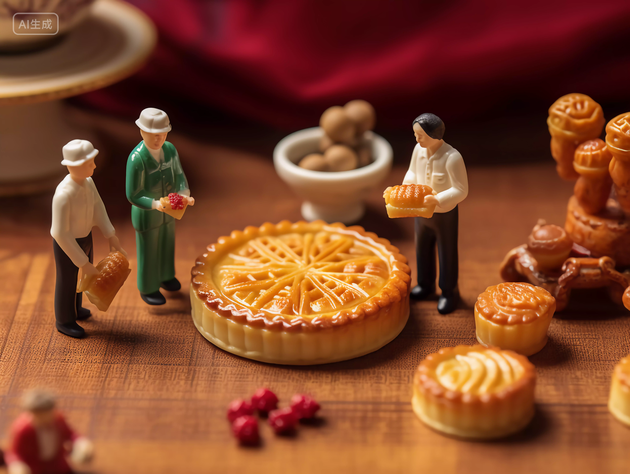 中国传统月饼微缩镜头下的一家人聚餐欢庆中秋圆月中国传统节日八月中秋节糕点配图美食