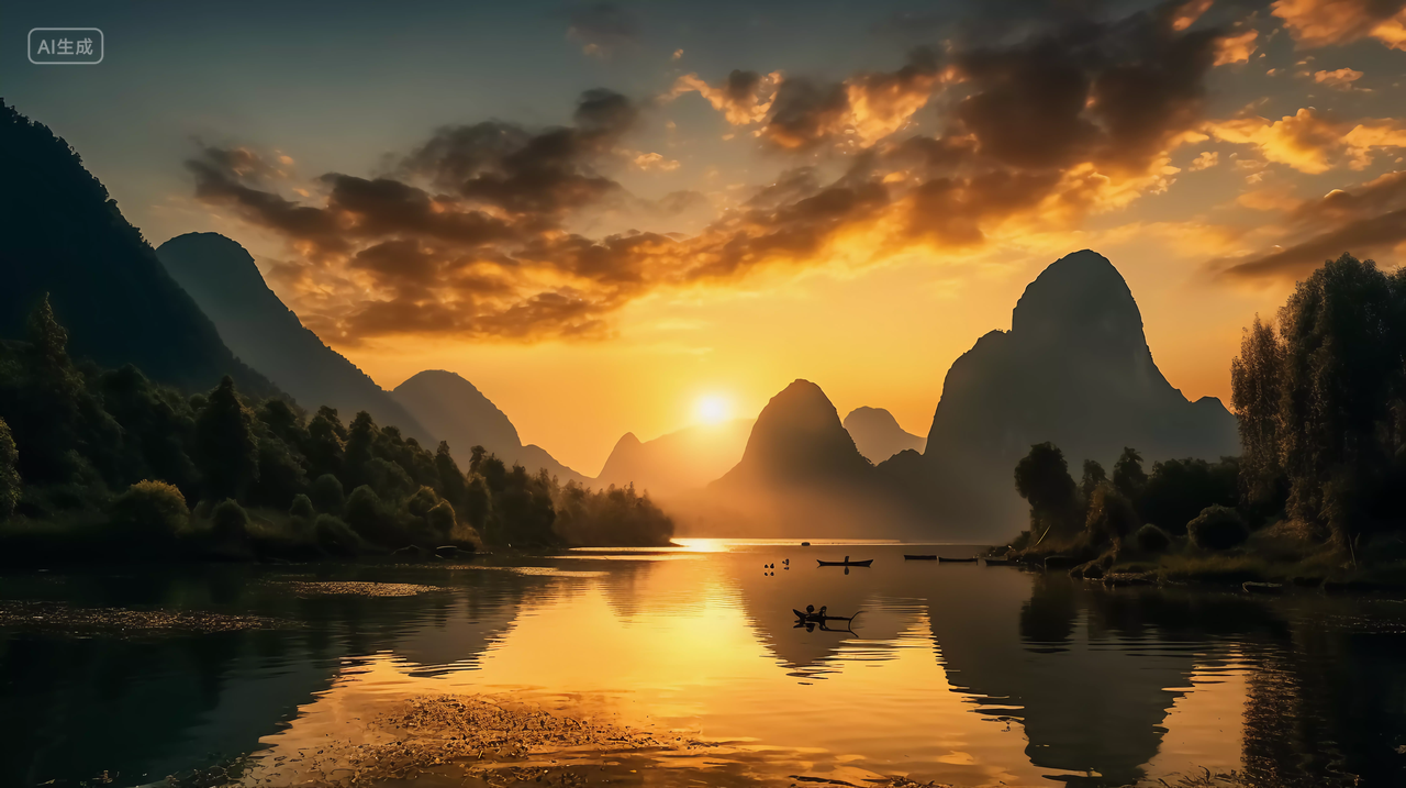 夕阳下的山水晚霞霞光湖面倒影意境自然景色山湖风景旅游宣传梦幻唯美壁纸电脑壁纸