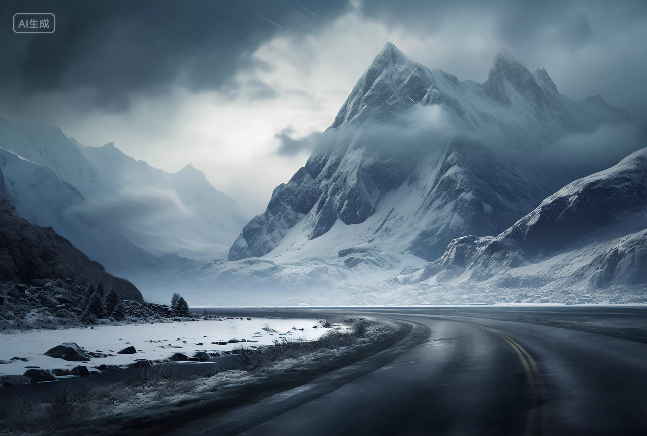 雪山上的公路弯道多云阴天山天空雪景景观自然风景美丽的大自然