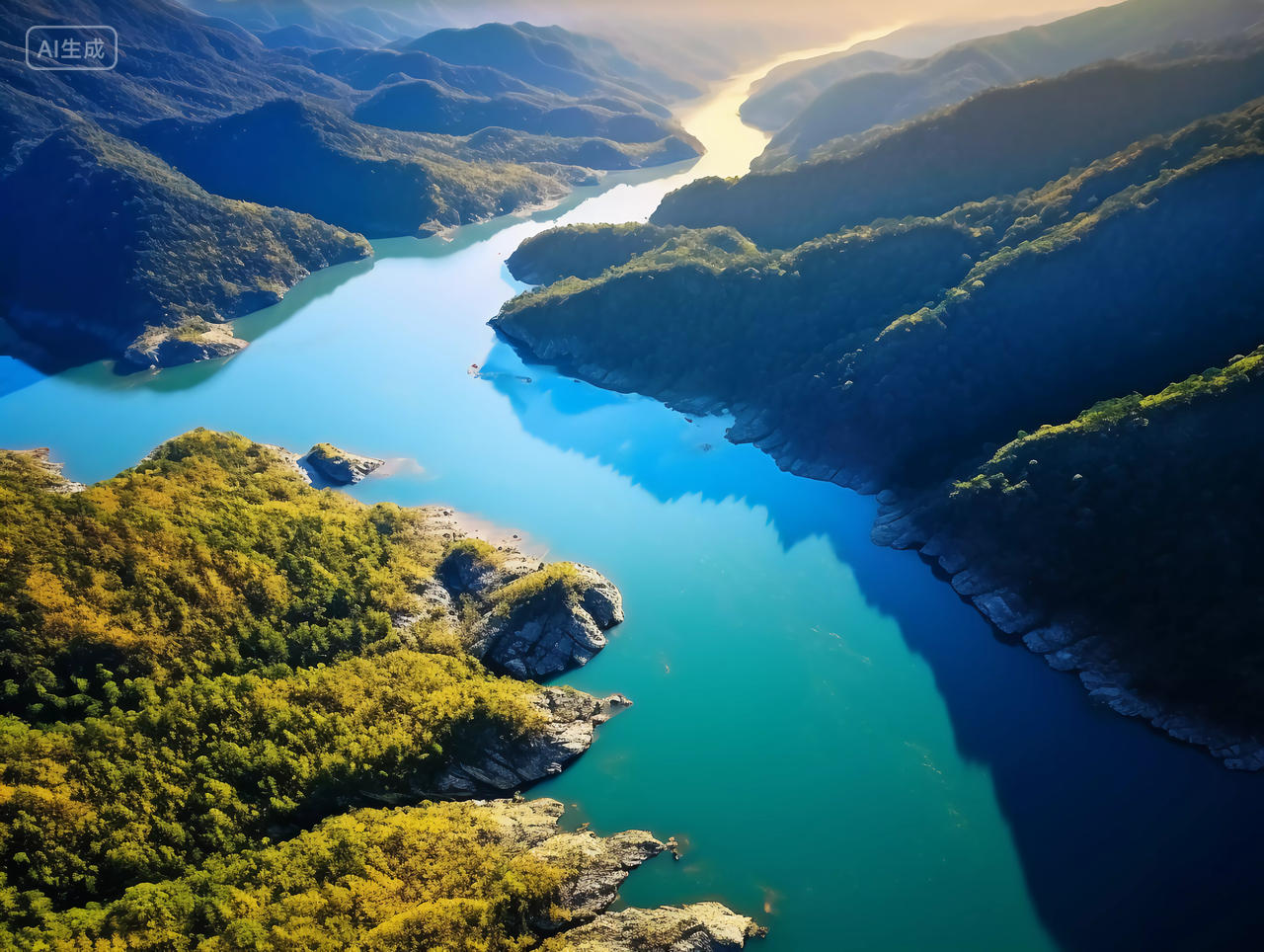 山间河流航拍远景绿水青山意境山水自然景色山湖风景旅游宣传