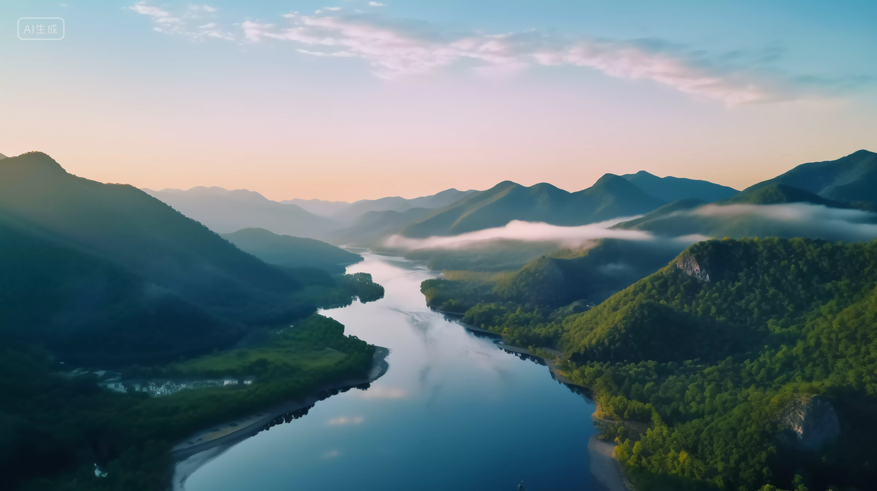 山间河流航拍远景绿水青山意境山水自然景色山湖风景旅游宣传