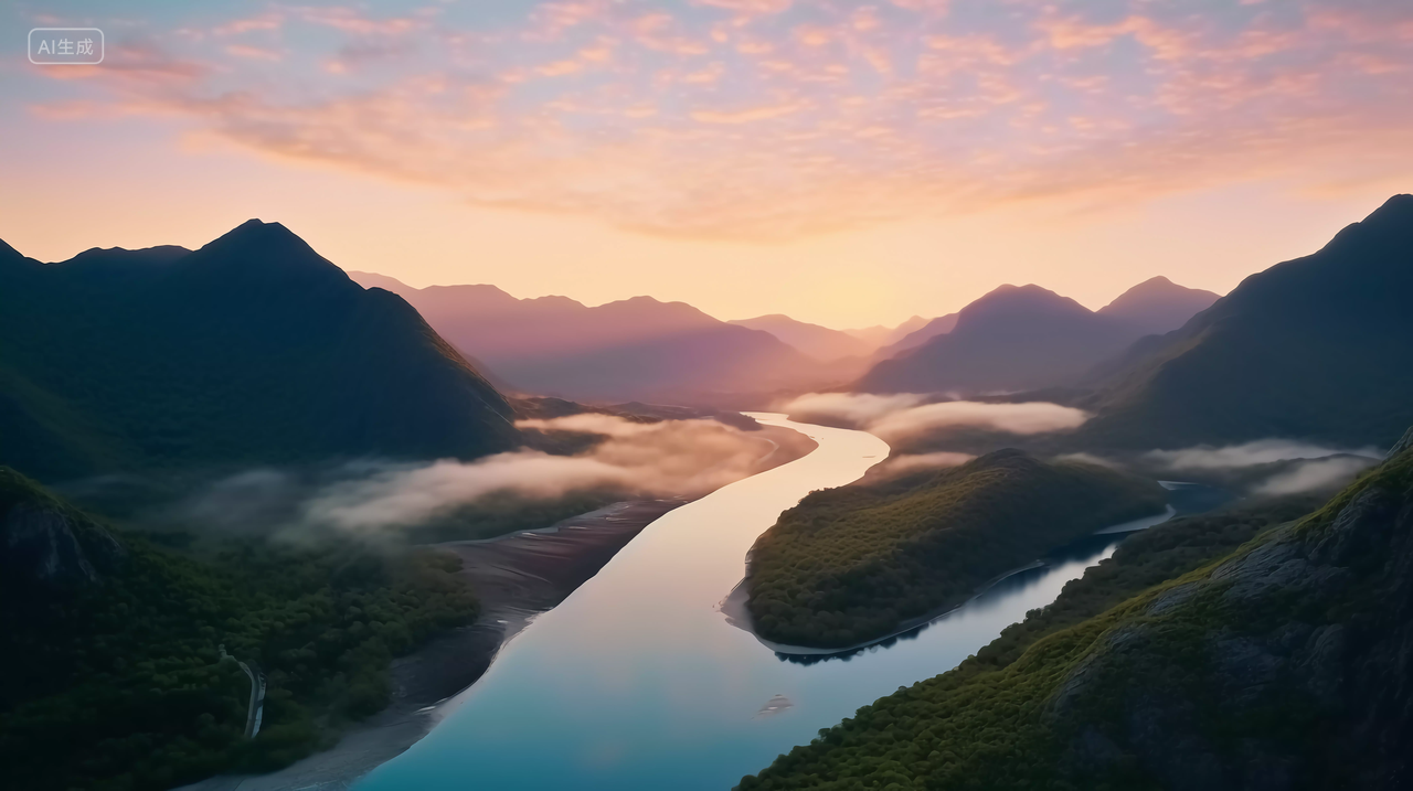 夕阳下山间河流航拍远景绿水青山意境山水自然景色山湖风景旅游宣传
