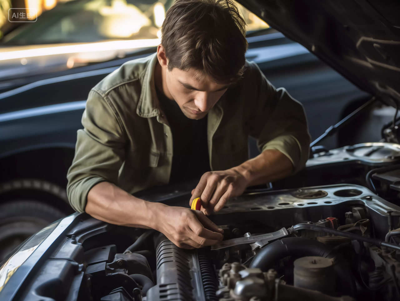 汽车修理人员汽修工人维修汽车的细节场景