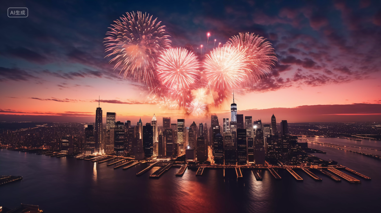 国庆节城市建筑上空绽放的绚丽烟花五颜六色焰火新年庆祝喜庆