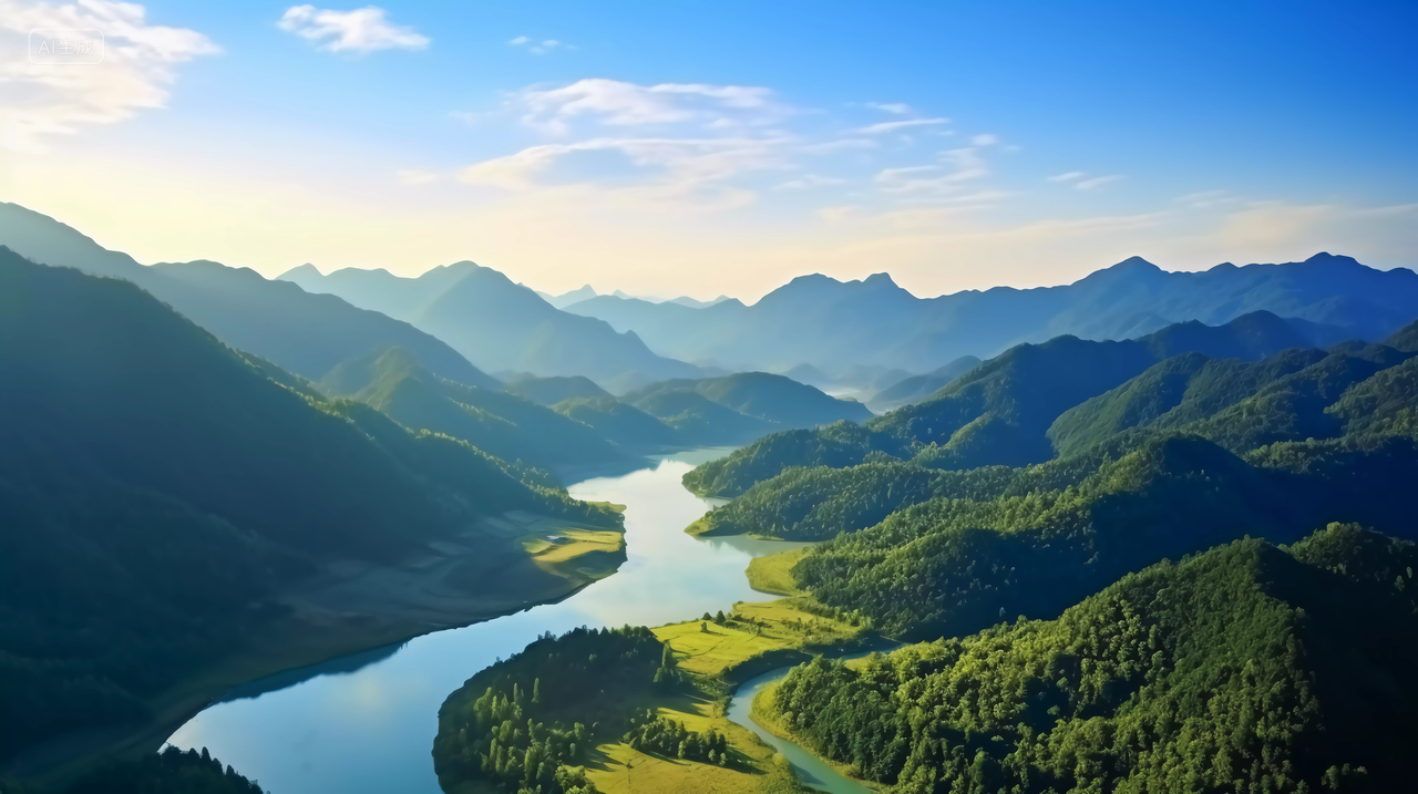 山间河流航拍远景绿水青山意境山水自然景色山湖风景旅游宣传