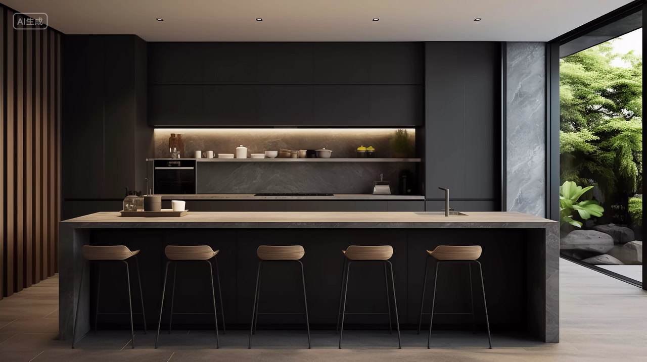 现代厨房带岛台简约风暗色黑色灰色家居厨房装饰装修