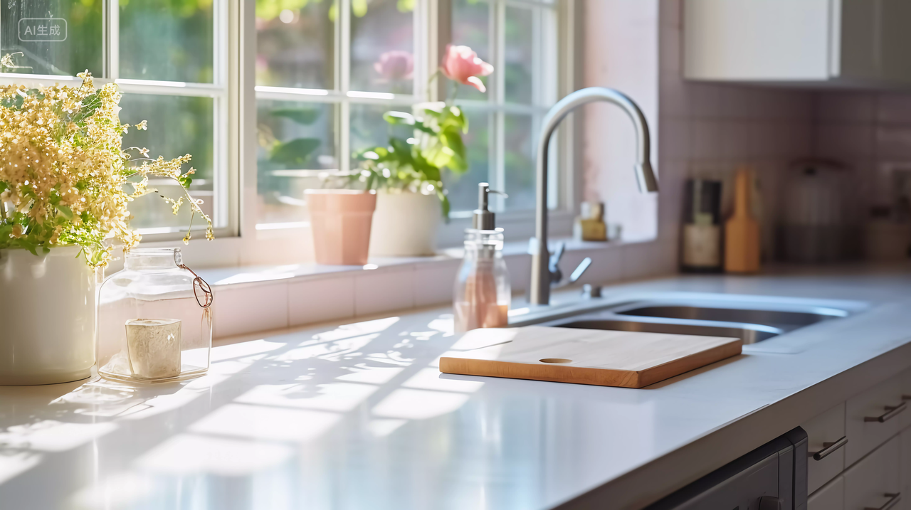 小清新现代厨房厨具操作台窗边绿植浅色厨房装饰装修