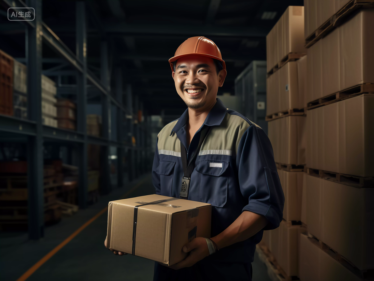 物流人员快递员抱着快递纸箱微笑送货上门服务