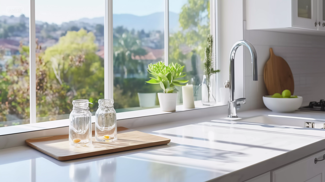 小清新现代厨房厨具操作台窗边绿植浅色厨房装饰装修