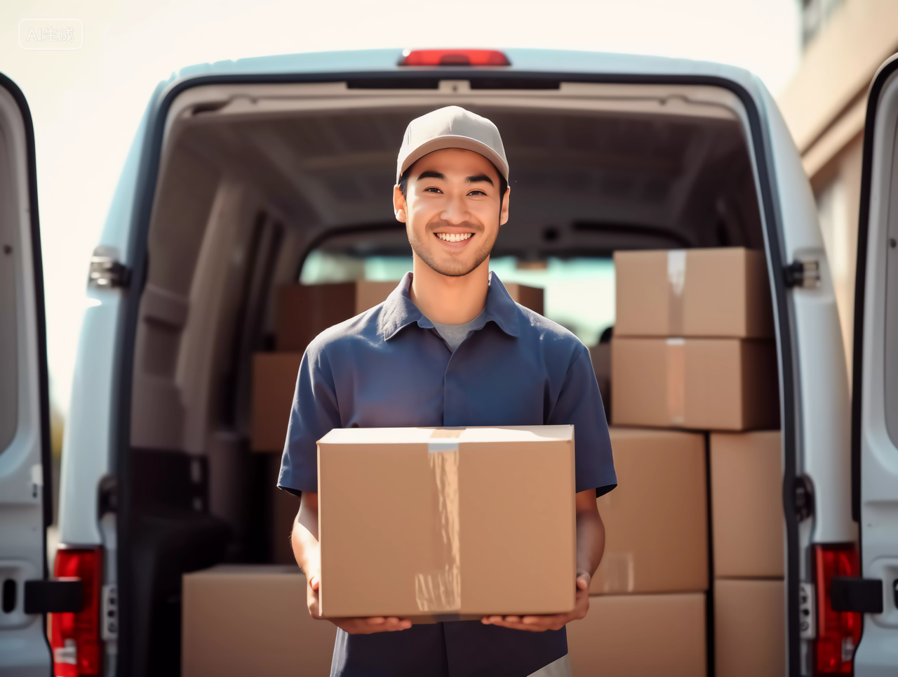 物流人员快递员抱着快递纸箱微笑送货上门服务