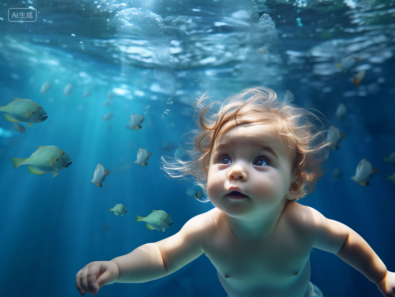 水下婴儿摄影婴儿游泳潜水好奇的表情
