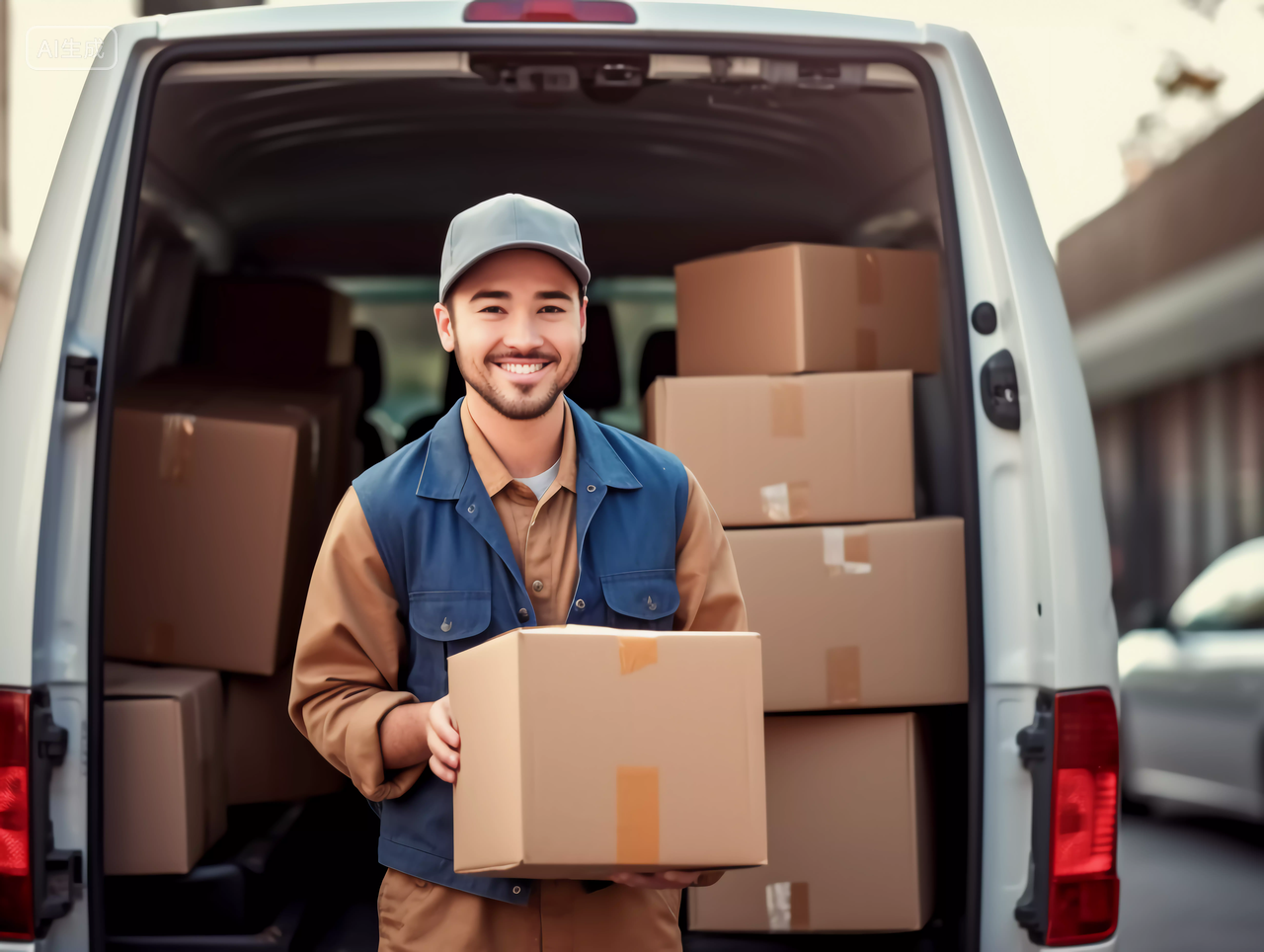 物流人员快递员抱着快递纸箱微笑送货上门服务