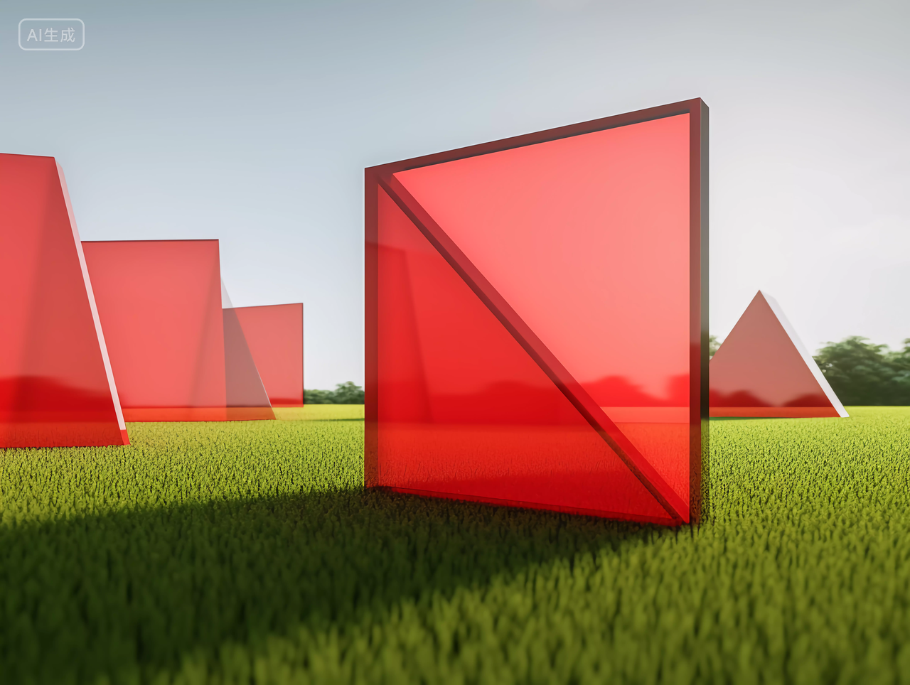 草地上的三维几何橱窗红色的立体图形绿色草地春天清新风景美丽的大自然
