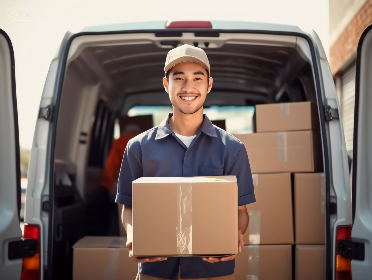 物流人员快递员抱着快递纸箱微笑送货上门服务