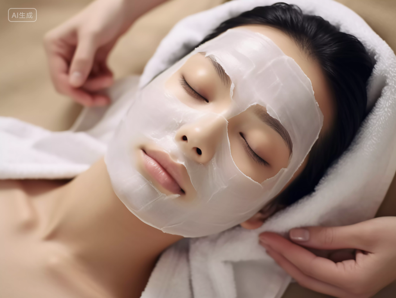 躺着做美容敷面膜的女子美丽年轻的女子女士女人肌肤美容护肤概念