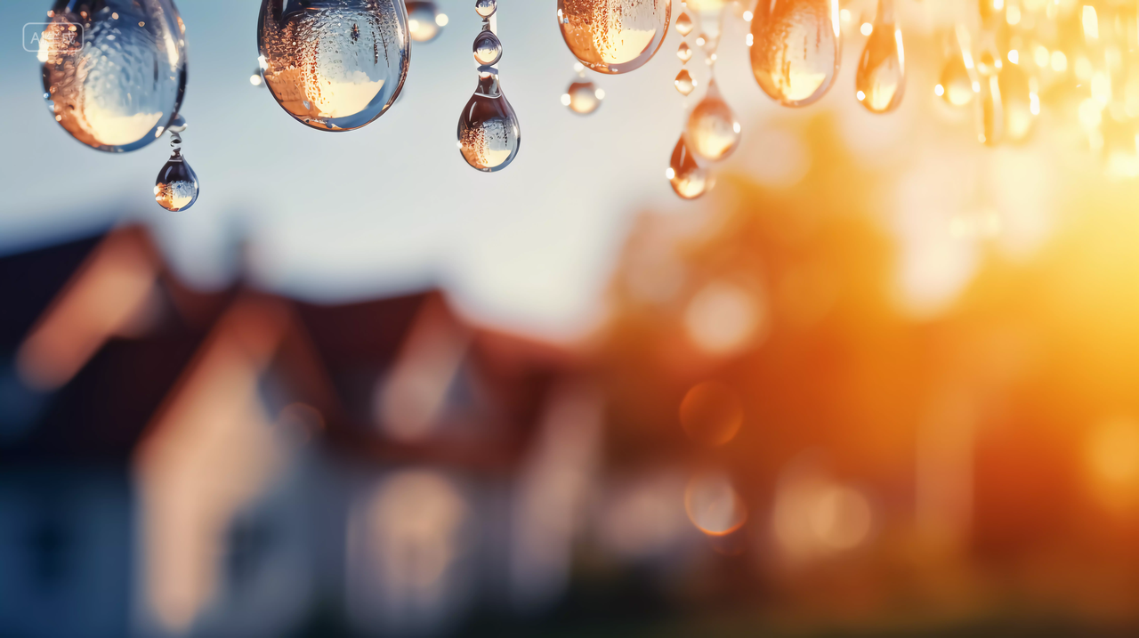 屋檐下的水滴在阳光下仿佛水晶石