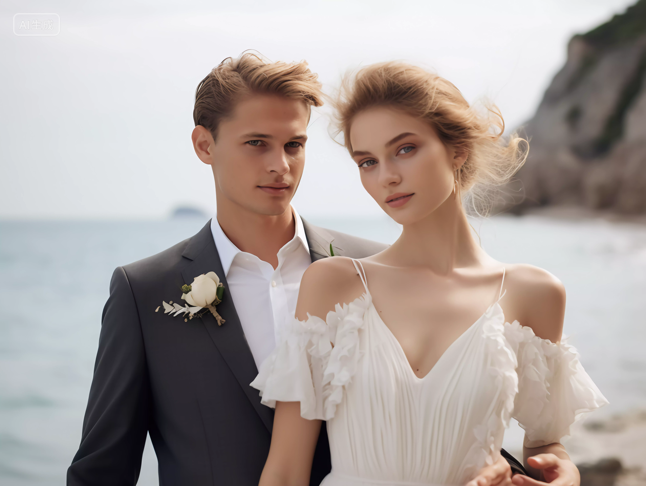 新婚夫妻海边拍婚纱照新郎环抱着新娘的浪漫爱情场景