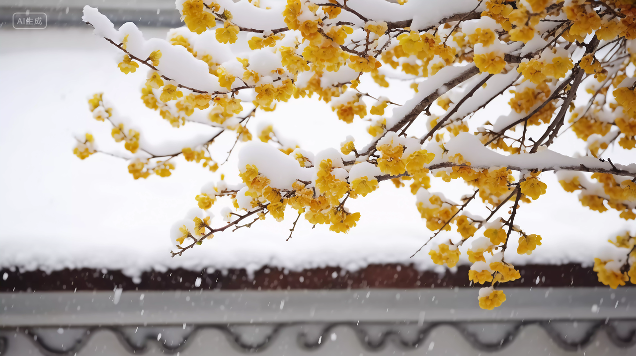 雪中的白墙瓦片积雪与黄色腊梅绽放风景壁纸