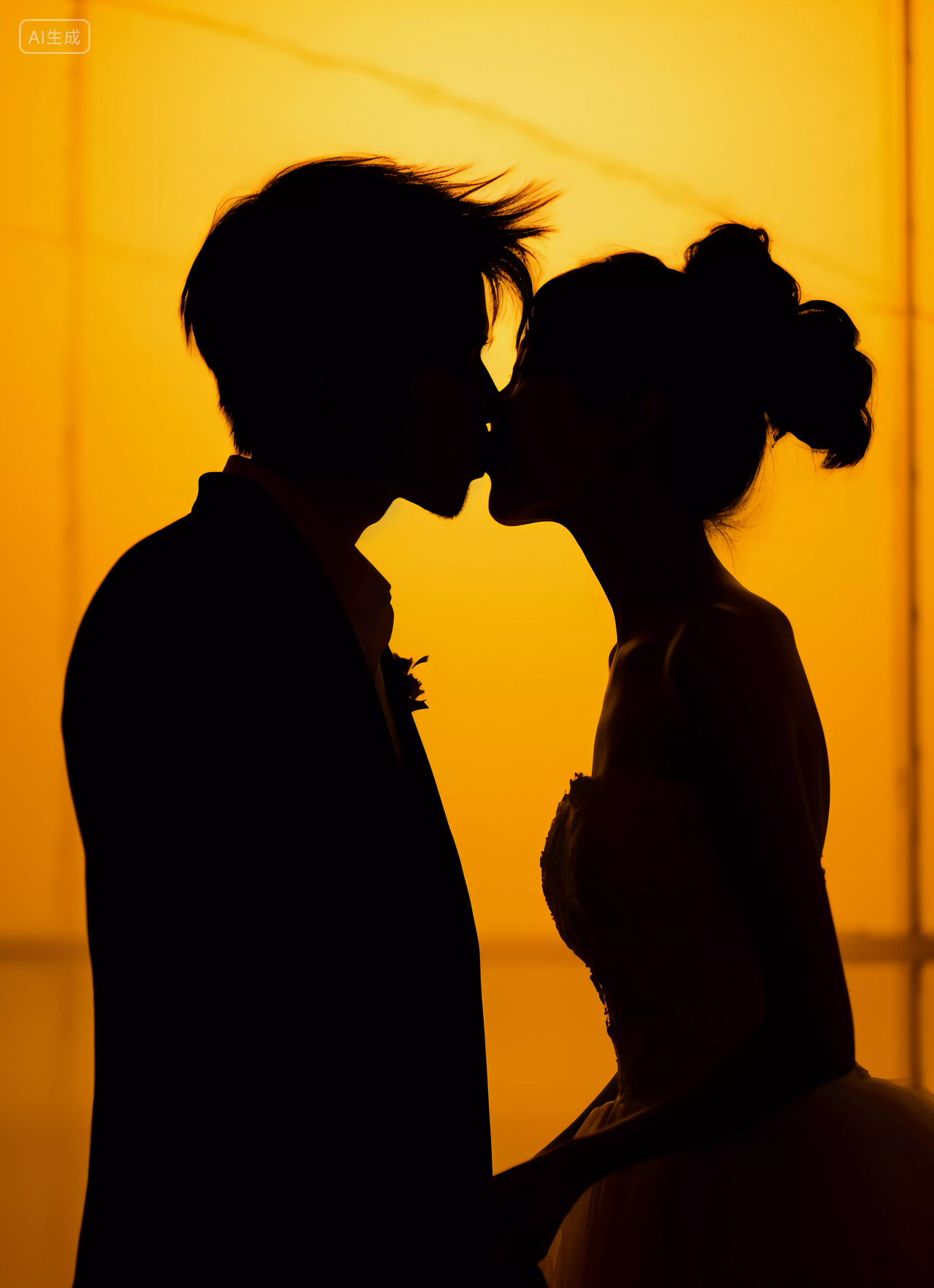 西式婚礼新郎新娘幸福亲吻的剪影浪漫氛围灯光