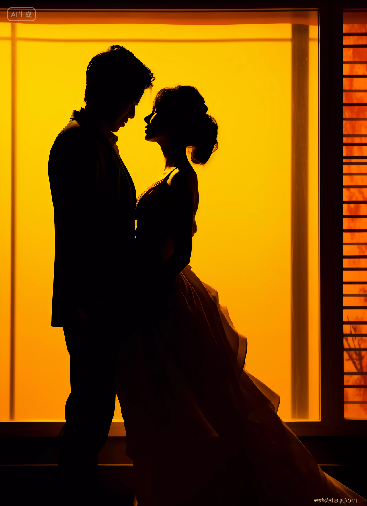 西式婚礼新郎新娘幸福亲吻的剪影浪漫氛围灯光