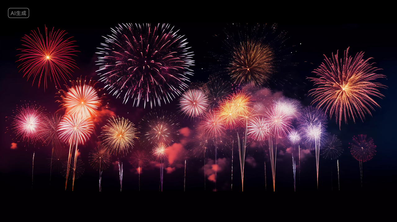 国庆节黑夜中绽放的烟花五颜六色的焰火绚丽光斑新年庆祝喜庆