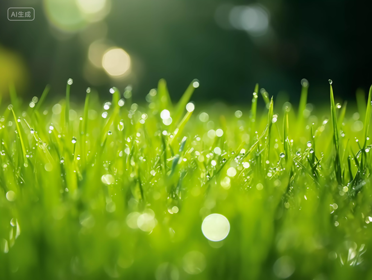 绿色草地特写水珠清新阳光光斑绿色草地春天清新风景美丽的大自然青草植物