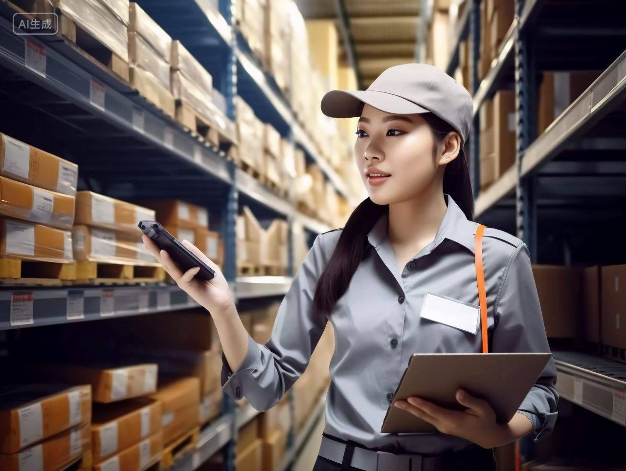 一位快递员工作人员正在使用仪器扫描仓库的快递包裹货运配送中心传送带