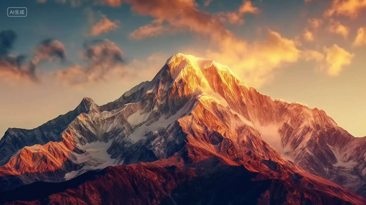 日照金山夕阳蓝天背景下的雪山山雪景景观自然风景美丽的大自然旅游宣传壁纸电脑壁纸