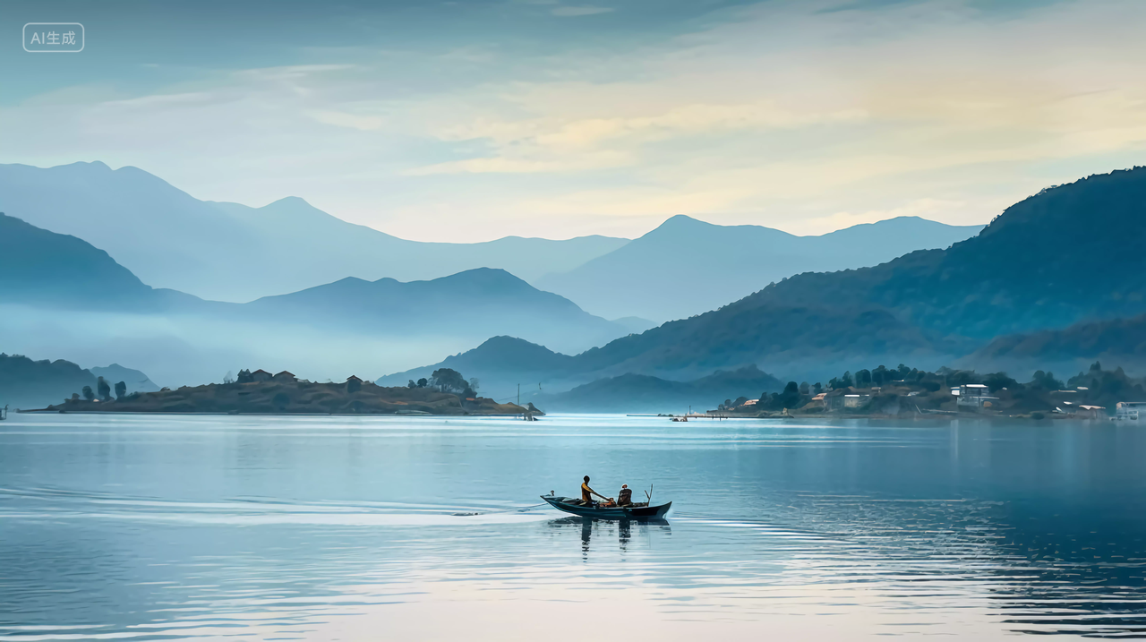 湖面上渔船渔民远景渔船渔民渔夫山水画意境自然景色山湖风景旅游宣传壁纸电脑壁纸