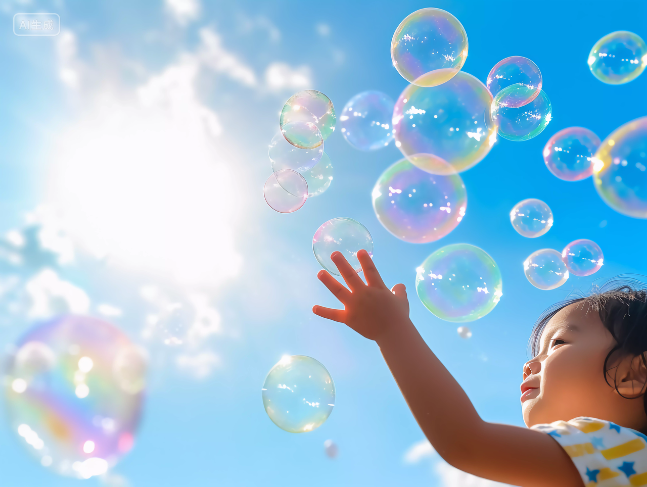 儿童小女孩伸手抓泡泡快乐幸福的未成年儿童小学生笑容嬉戏玩耍