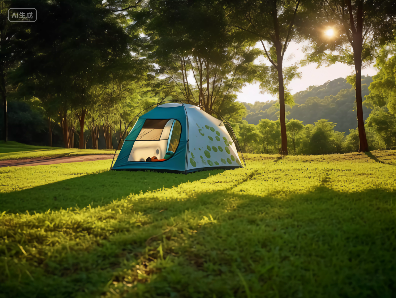 夏天山林间的露营户外露营房车帐篷欢乐周末旅游休闲时光