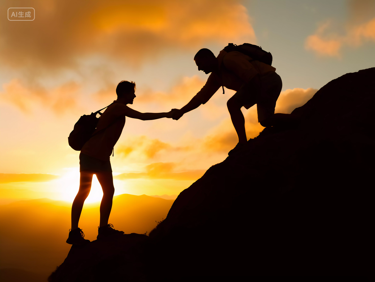 登山人侧面剪影山风景自然风景自然风光团结帮助
