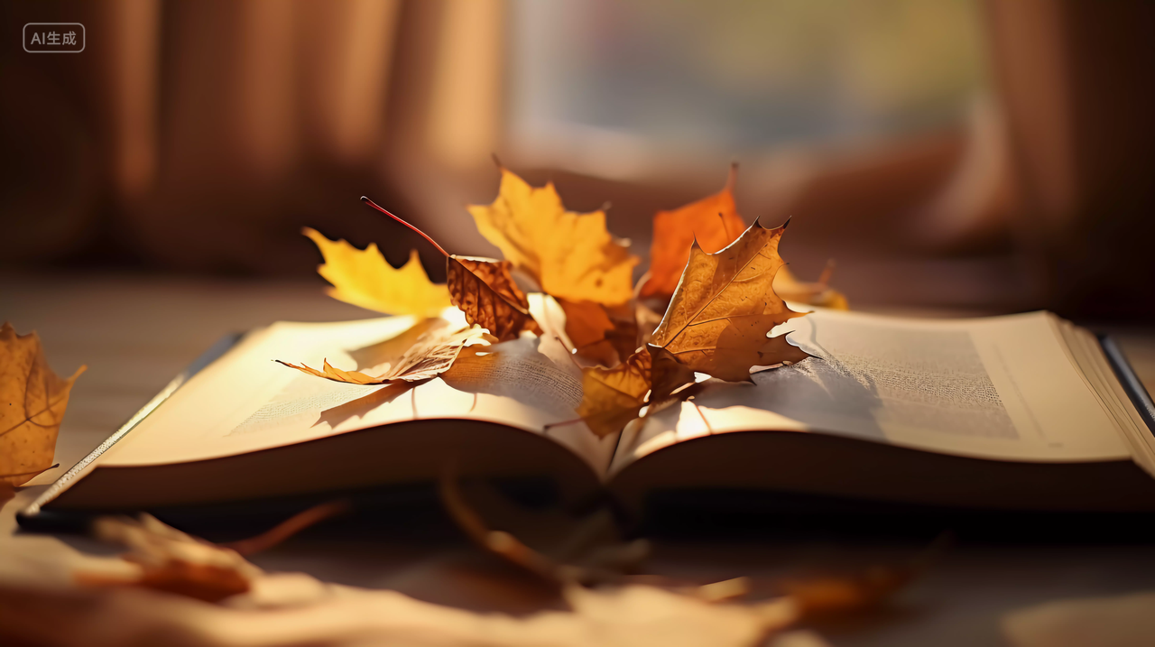 书籍上秋天的枫叶读书阅读学习世界读书日知识文化